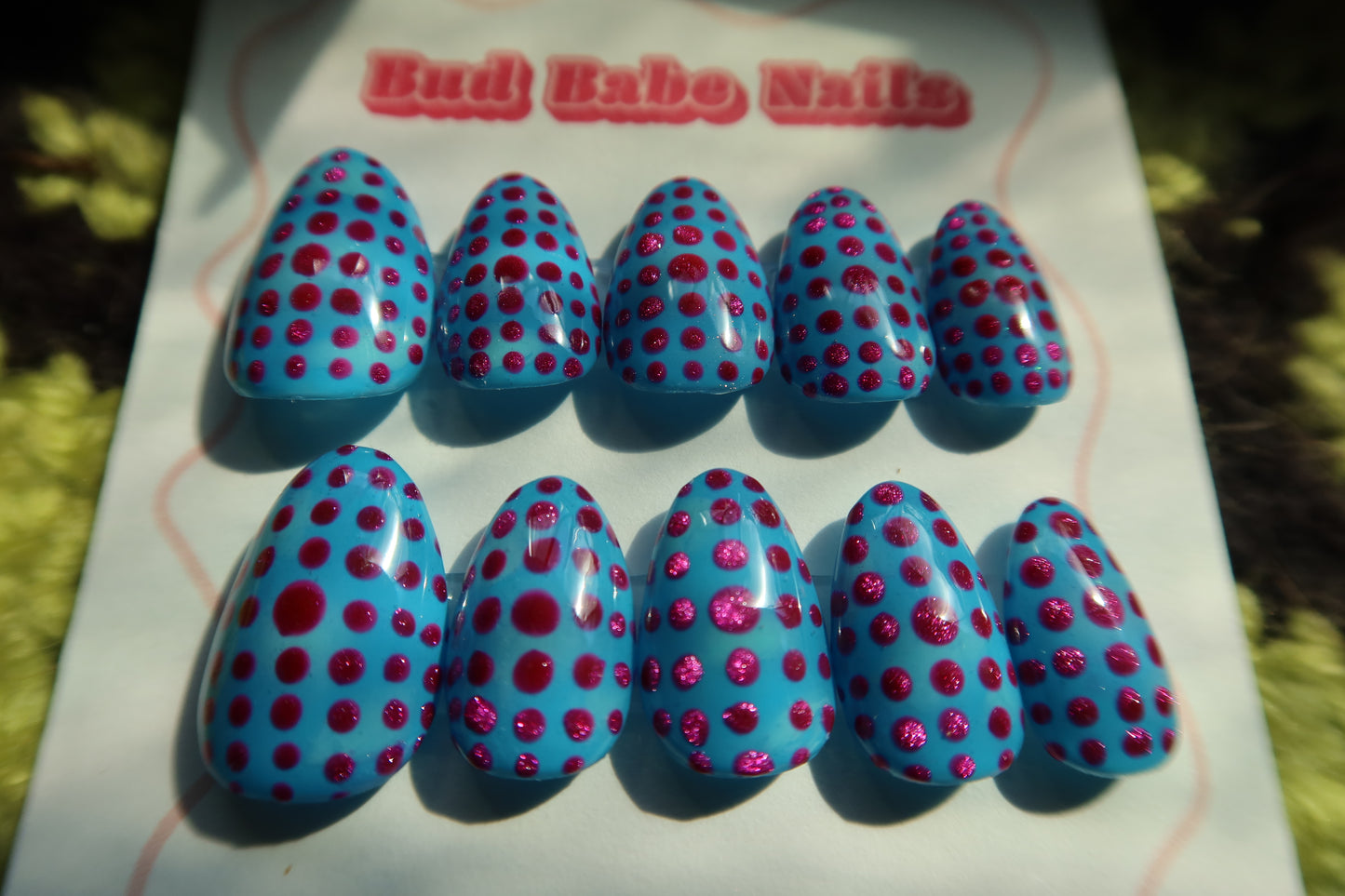 Blue Nails with Cat Eye Hot Pink Polka dots