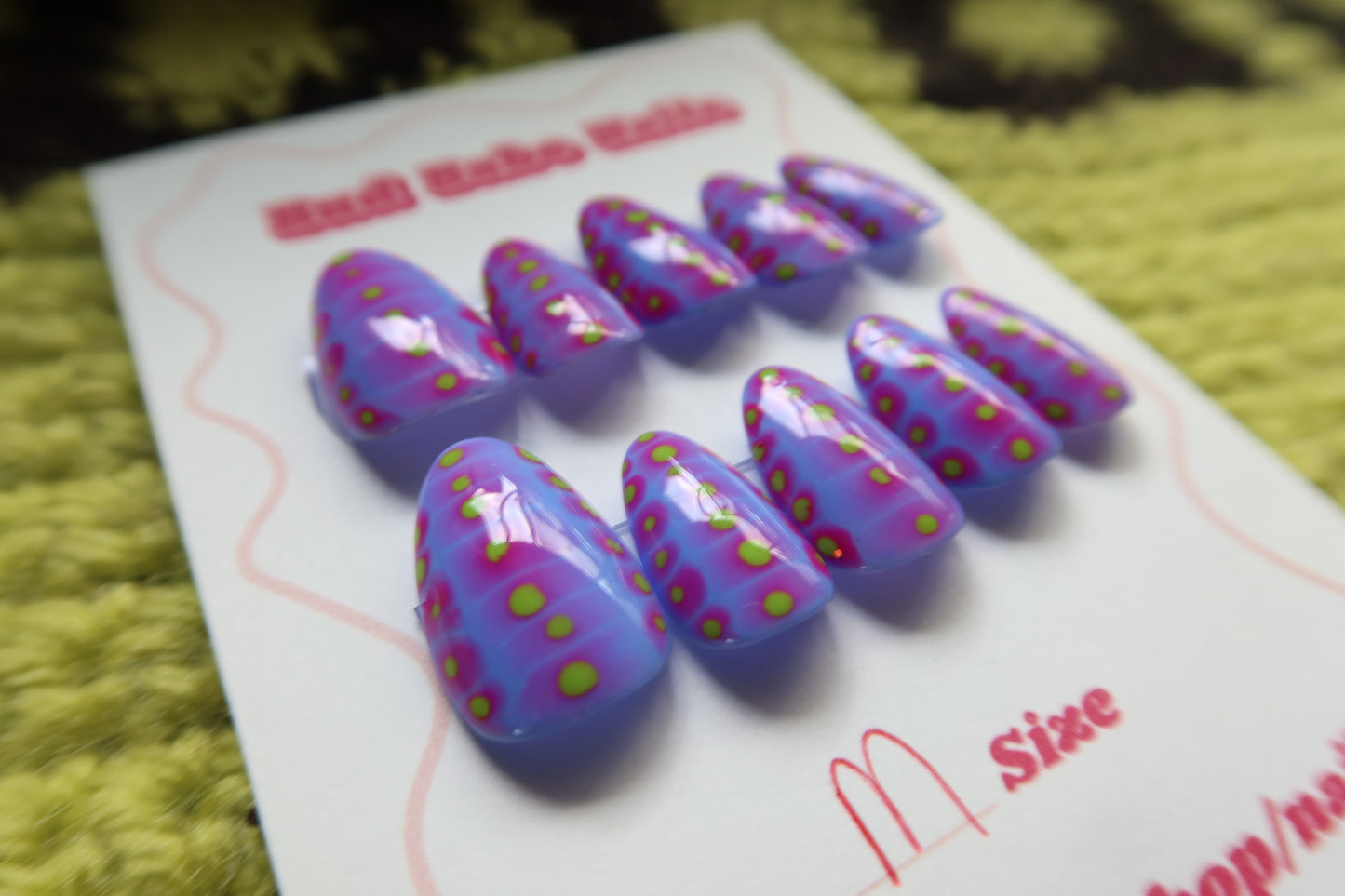 Periwinkle Nails with Pink and Green Polka dots
