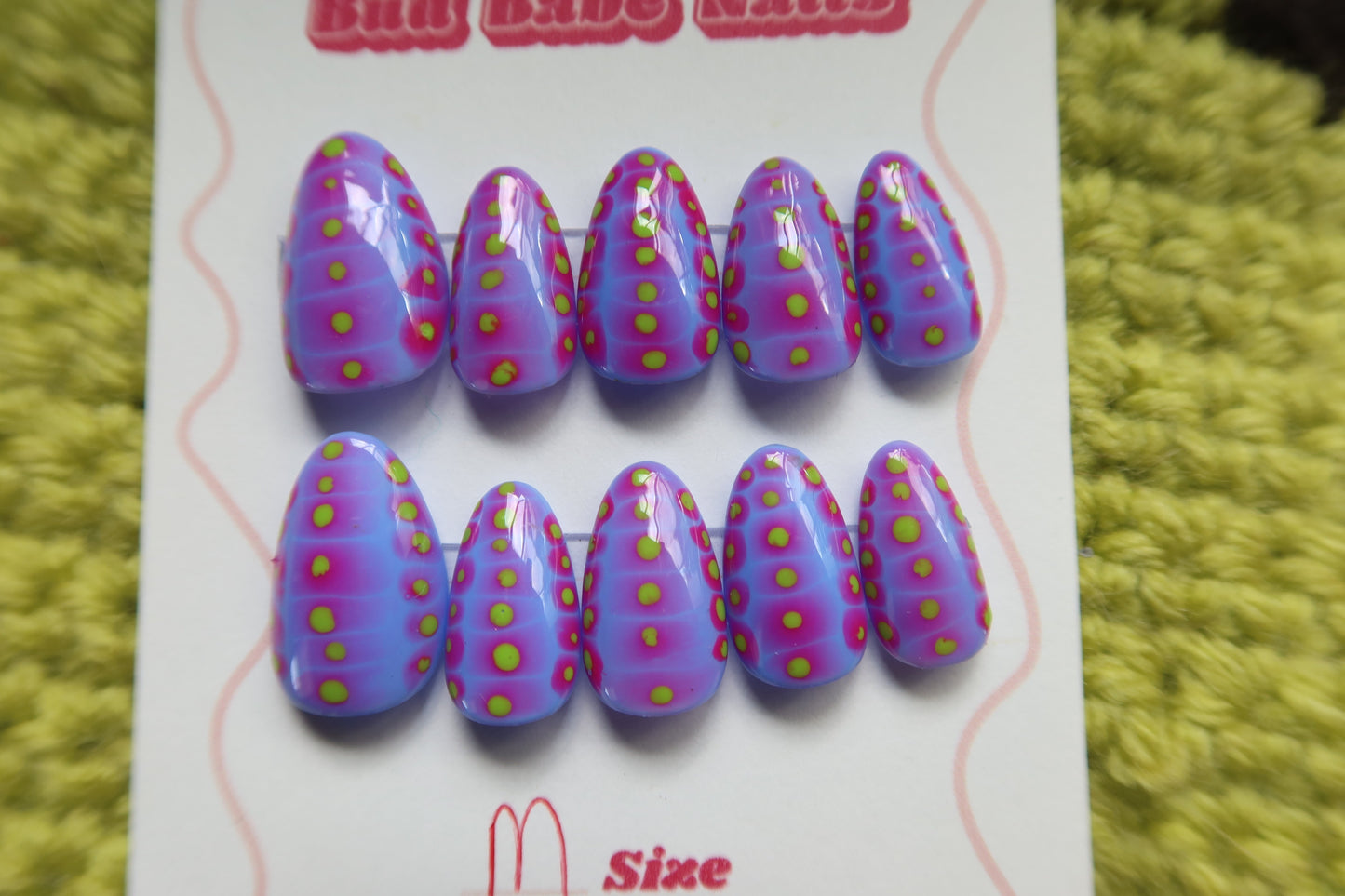 Periwinkle Nails with Pink and Green Polka dots