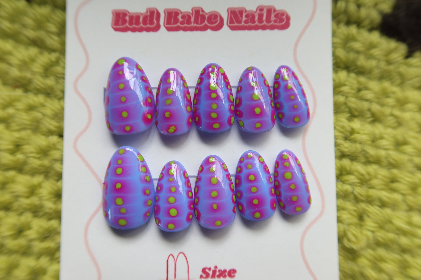 Periwinkle Nails with Pink and Green Polka dots